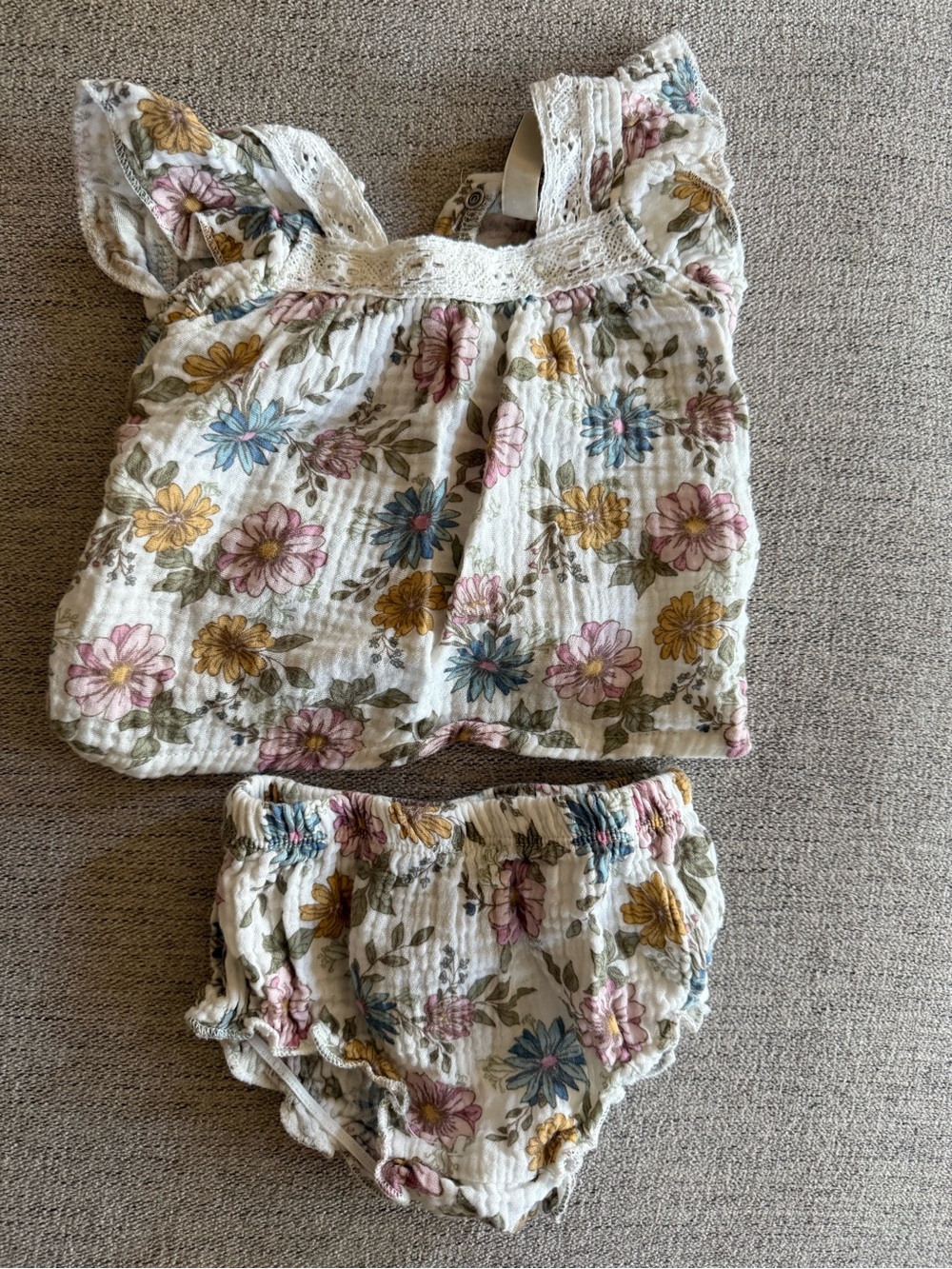 Floral Ruffle Two-Piece Baby Set - Cream with Pink, Blue, and Yellow Flowers